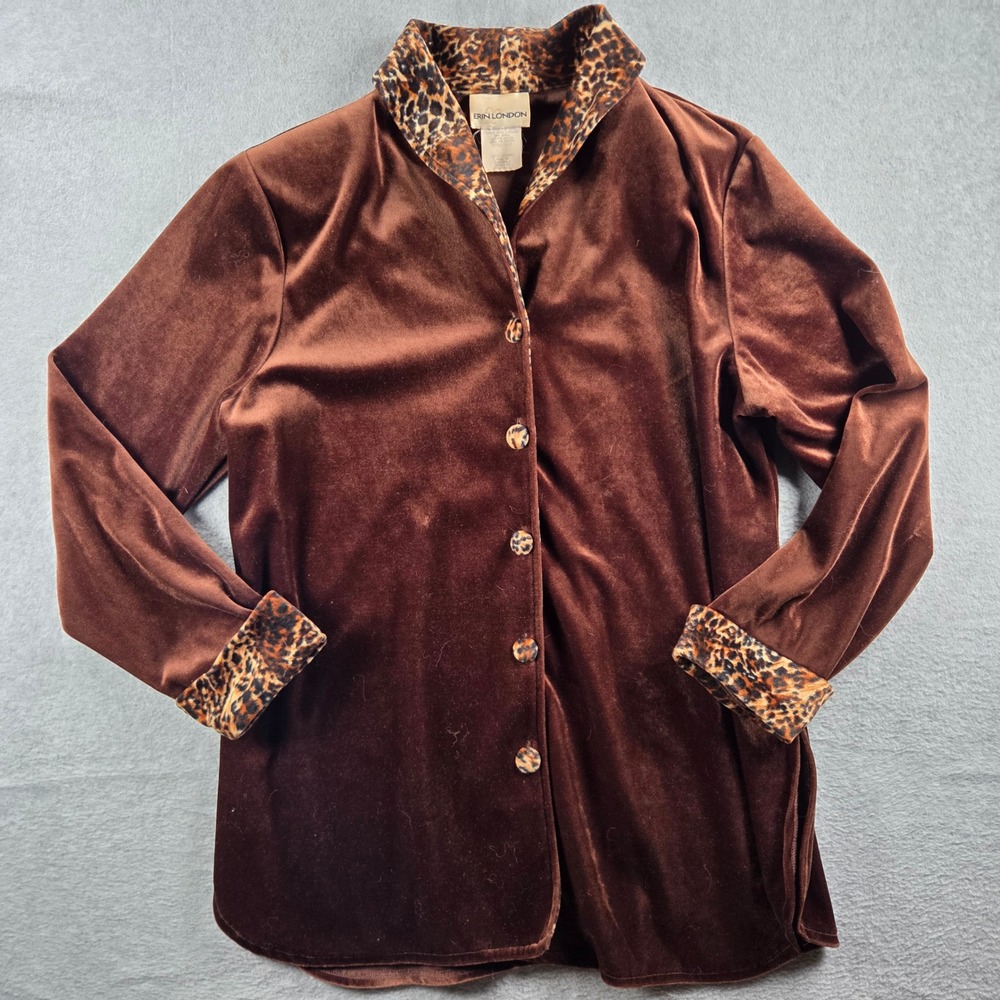 Erin London Velvet Jacket Women Large Brown Leopard Print Trim Button Up - Picture 2 of 8